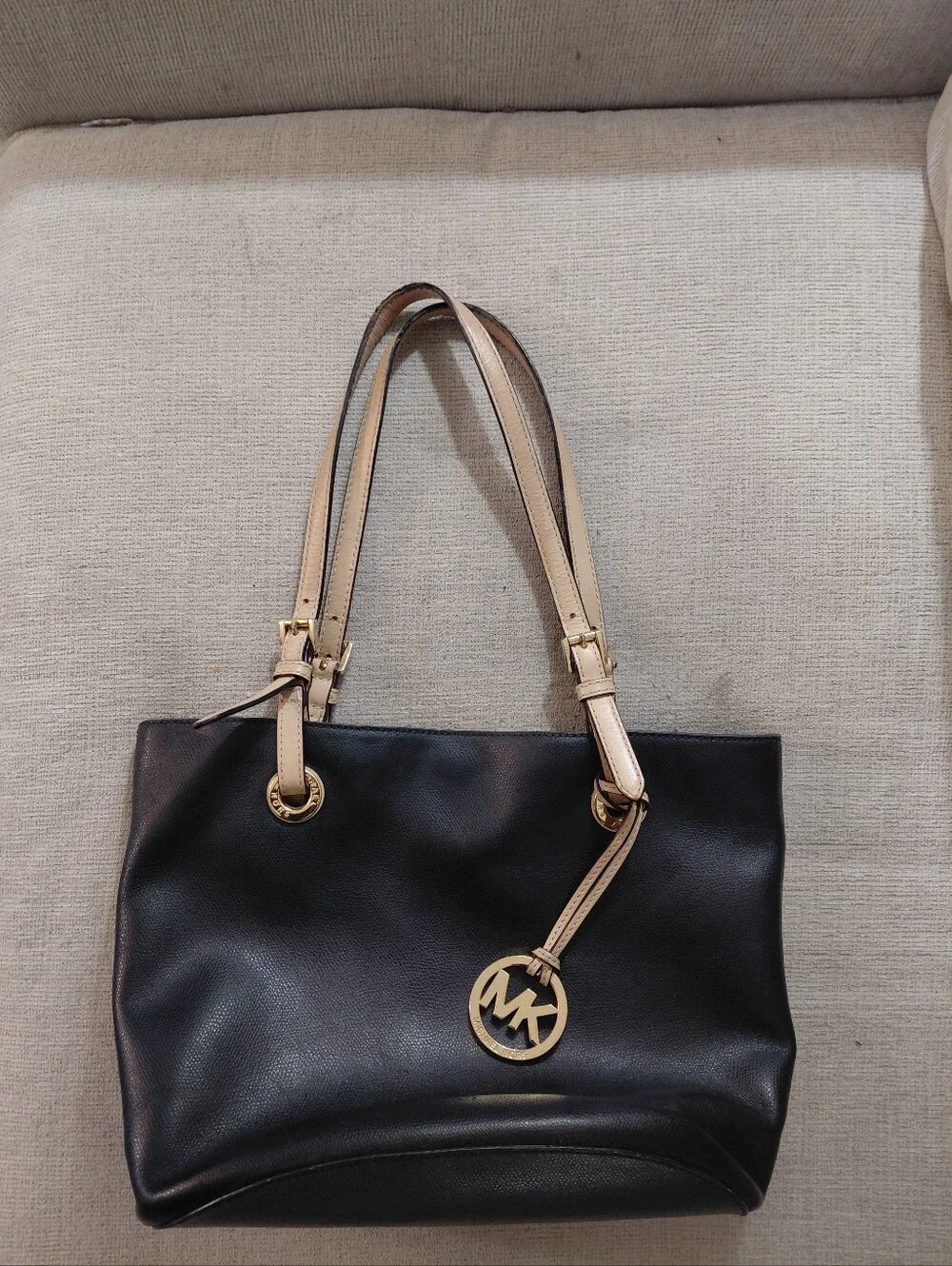 Michael Kors Black Leather Tote Shoulder Bag with Gold Emblem